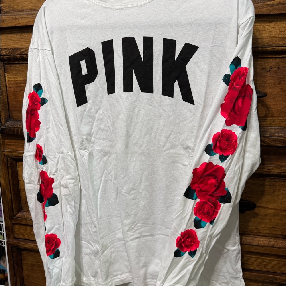 PINK Victoria's Secret White Long Sleeve Tee with Red Floral Design